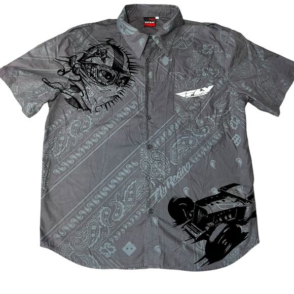 Fly Racing Y2K graphic Button Up Shirt Mens size large Gray Moto BMX dice - Picture 1 of 8